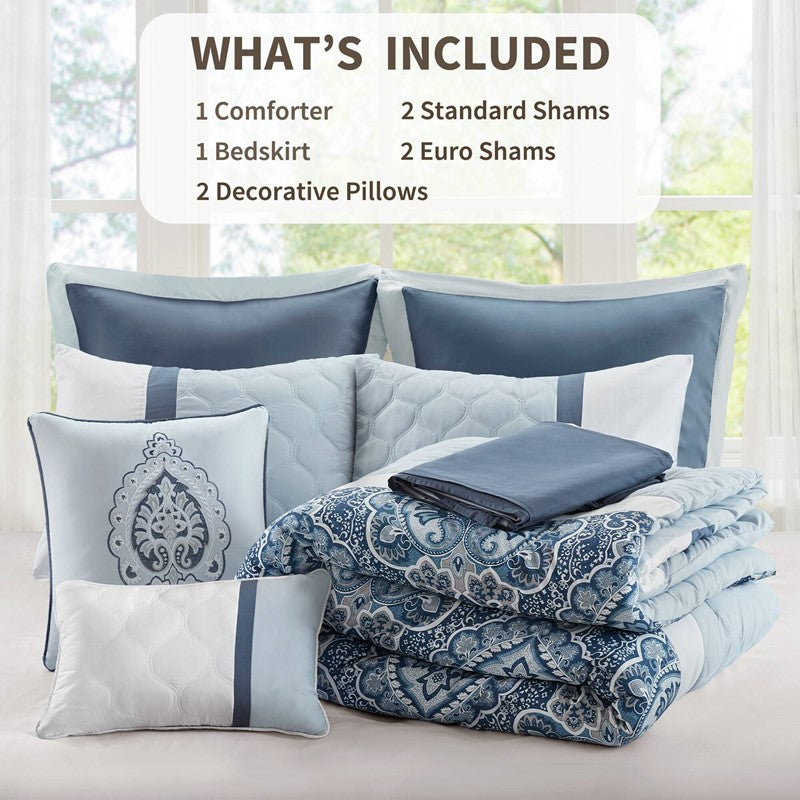 Embroidered Medallion Comforter Set -  Blue Medallion Bedding Set - 8PC