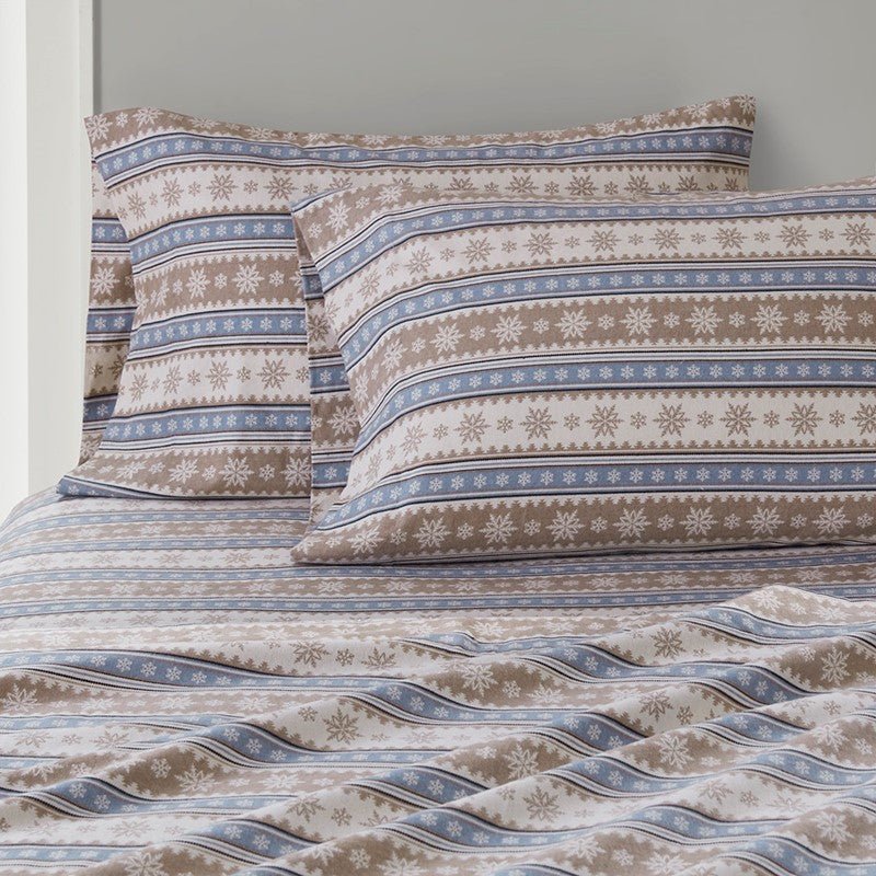 Woolrich 100% Cotton Printed Flannel Sheet Set - Blue Snowflake - Quahog Bay Bedding