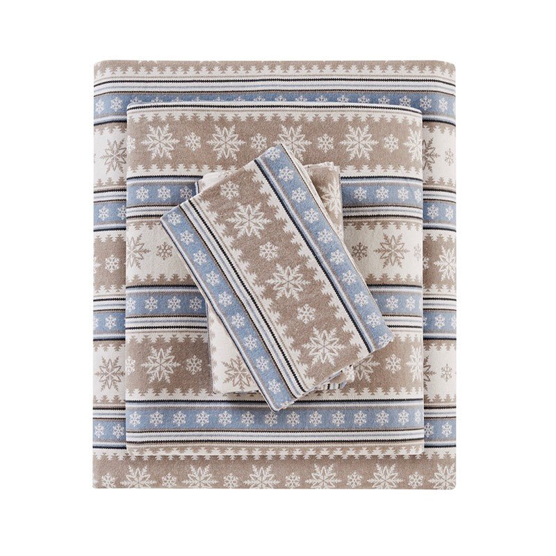 Woolrich 100% Cotton Printed Flannel Sheet Set - Blue Snowflake - Quahog Bay Bedding