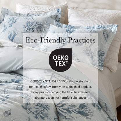 Coastal Blue Botanical Duvet Cover Set 100% Cotton Sateen Duvet Set