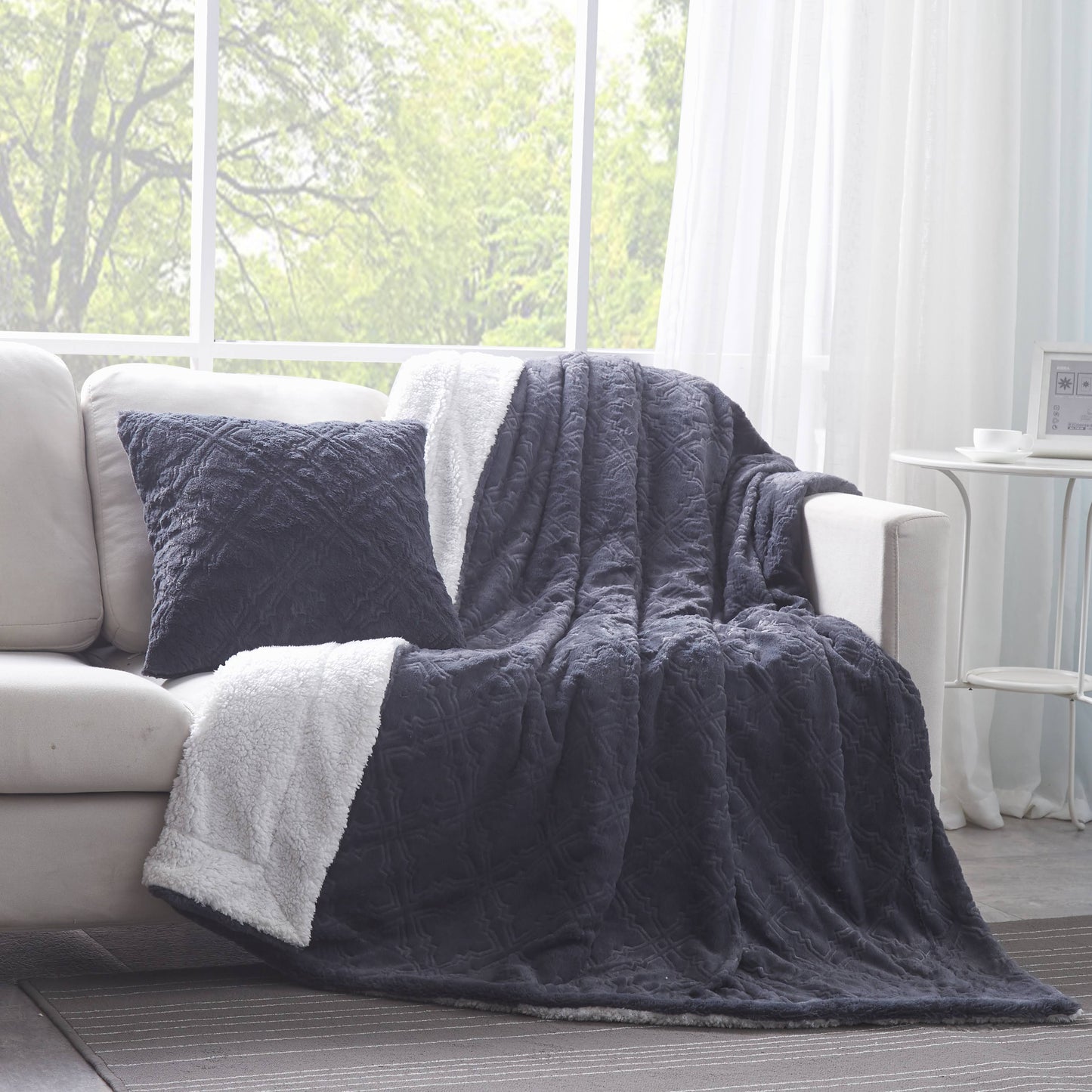 Tache Faux Fur Steel Navy Blue Diamond Trellis Pattern Cushion Cover / Euro Sham (3390) - Tache Home Fashion