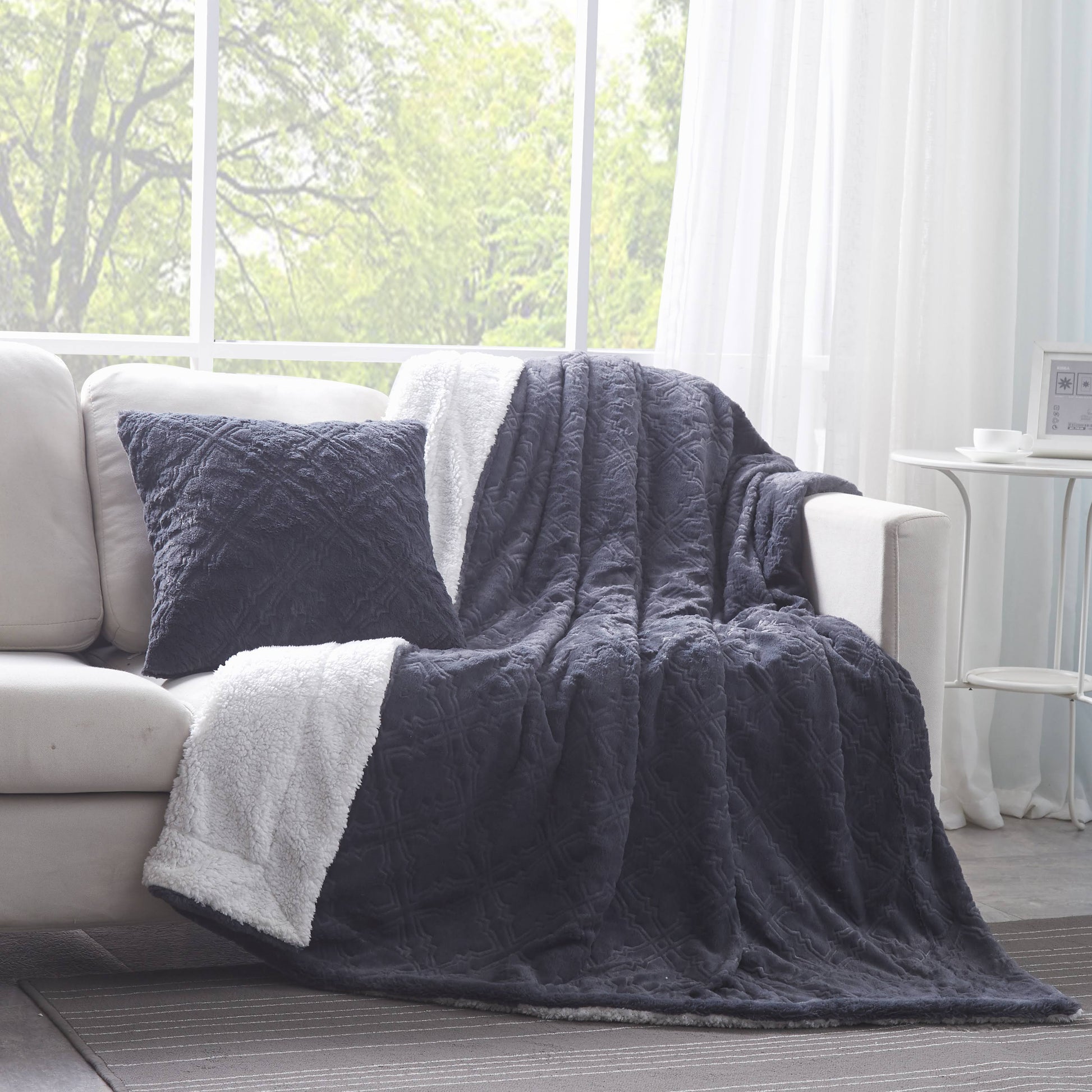 Tache Faux Fur Steel Navy Blue Diamond Trellis Pattern Cushion Cover / Euro Sham (3390) - Tache Home Fashion