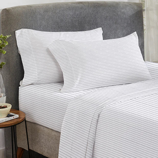 CinchFit American Made Shallow Pocket Sheet Sets 400TC Cotton Pintstripe White/Grey — Boat, RV & Dorm