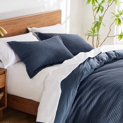 Cloud Waffle 100% Cotton Duvet Cover Set 3PC - Nautical Duvet Set - Navy