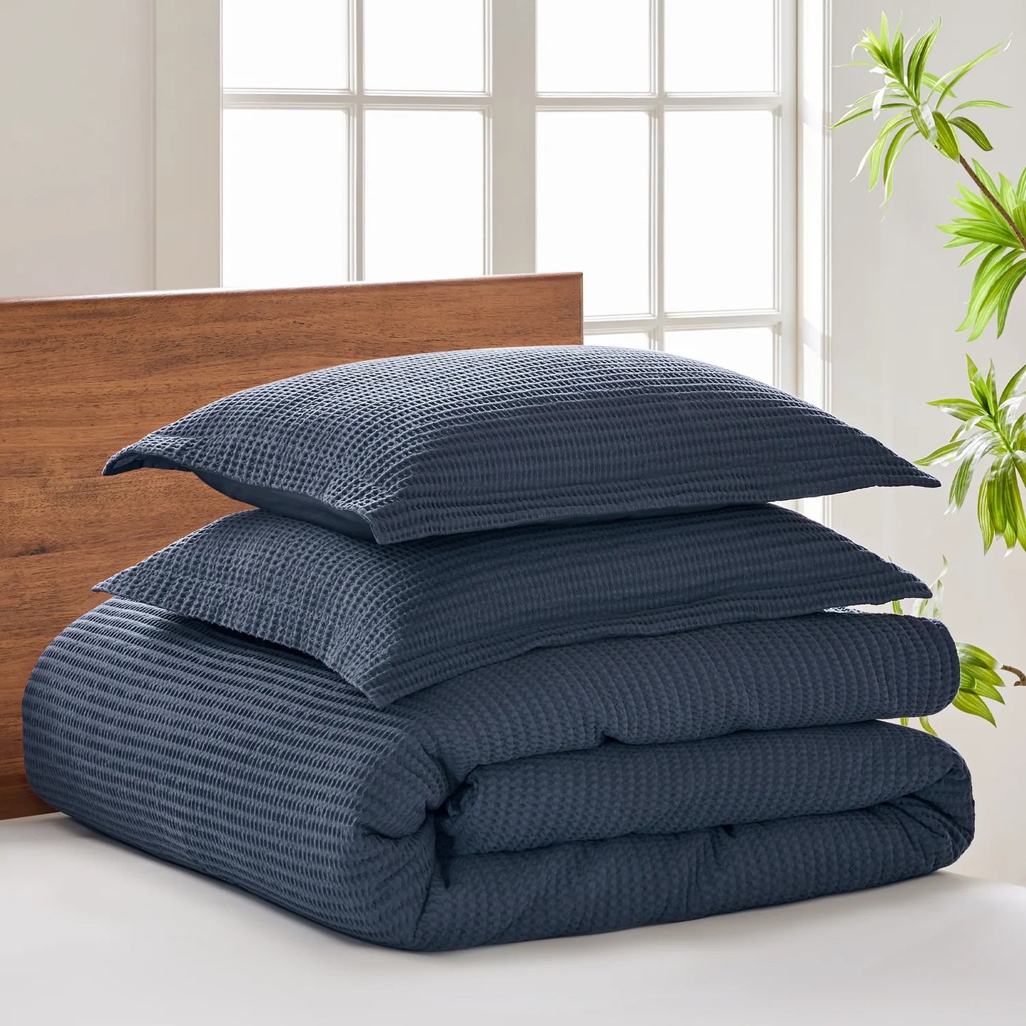 Cloud Waffle 100% Cotton Duvet Cover Set 3PC - Nautical Duvet Set - Navy