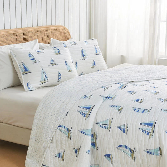 Coastal Blue Watercolor Sailboat Quilt Set 3PC - Quahog Bay Bedding