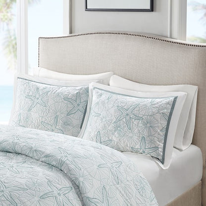 Coastal Maya Bay Duvet Cover Set 3PC - White With Seafoam Blue Hues - Quahog Bay Bedding