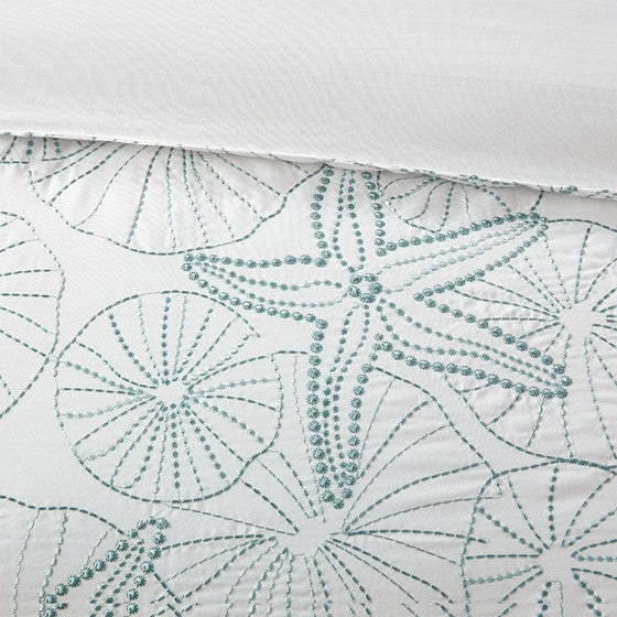 Coastal Maya Bay Duvet Cover Set 3PC - White With Seafoam Blue Hues - Quahog Bay Bedding