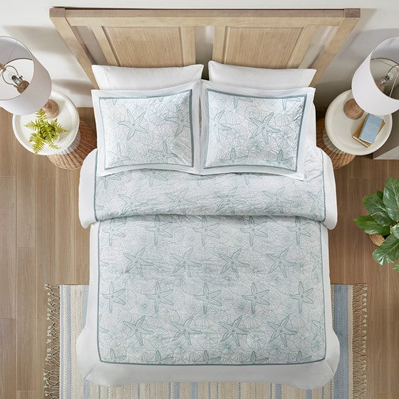 Coastal Maya Bay Duvet Cover Set 3PC - White With Seafoam Blue Hues - Quahog Bay Bedding