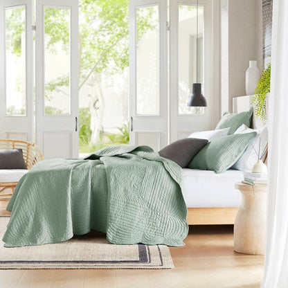 Coastal Scalloped Edge Quilt Set 3PC - Seafoam