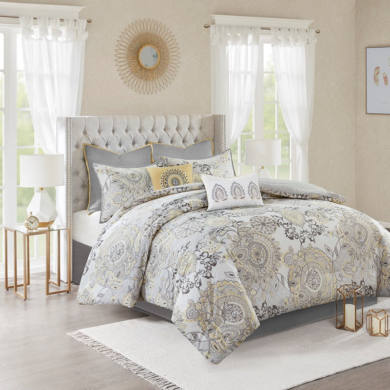 Coastal Yellow Medallion Floral Comforter Set - Cotton Isla 8PCS