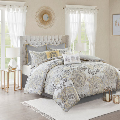 Coastal Yellow Medallion Floral Comforter Set - Cotton Isla 8PCS