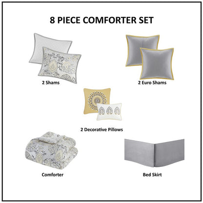 Coastal Yellow Medallion Floral Comforter Set - Cotton Isla 8PCS