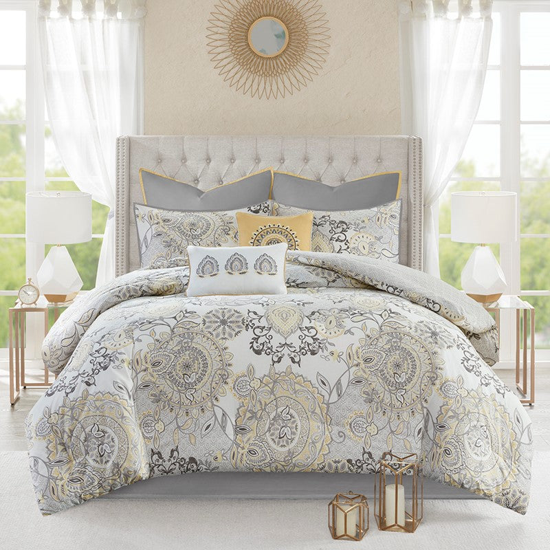Coastal Yellow Medallion Floral Comforter Set - Cotton Isla 8PCS