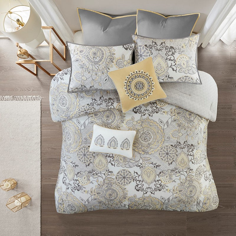 Coastal Yellow Medallion Floral Comforter Set - Cotton Isla 8PCS