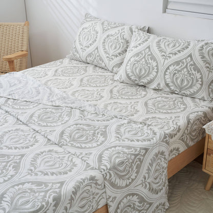 Tache Farmhouse Dreamy Moon Sky Ogee Damask White Heather Gray  Bed Sheet Set Super Soft, Wrinkle Resistance, Lightweight Top Sheet, Flat Sheet, Fitted Sheet, Bedsheet