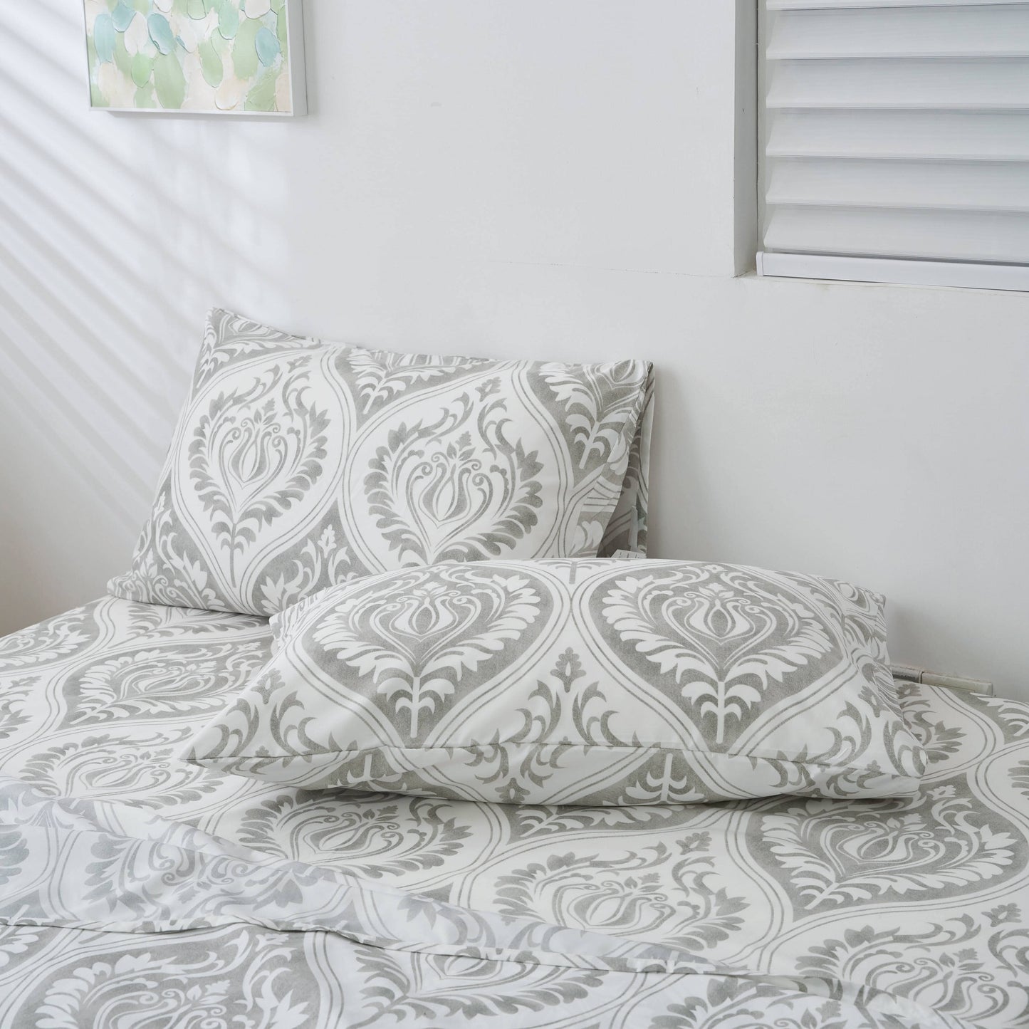 Tache Farmhouse Dreamy Moon Sky Ogee Damask White Heather Gray  Bed Sheet Set Super Soft, Wrinkle Resistance, Lightweight Top Sheet, Flat Sheet, Fitted Sheet, Bedsheet and pillowcases