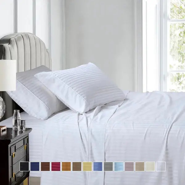 Egyptian Linens Split Top King Sheets 600TC 100% Cotton Damaske Stripe- Fitted Sheet With Wings - Quahog Bay Bedding