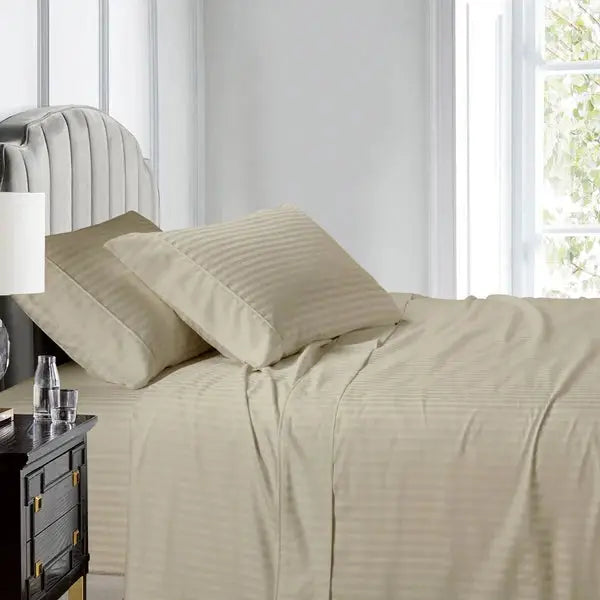 Egyptian Linens Split Top King Sheets 600TC 100% Cotton Damaske Stripe- Fitted Sheet With Wings - Quahog Bay Bedding