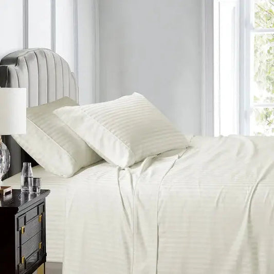 Egyptian Linens Split Top King Sheets 600TC 100% Cotton Damaske Stripe- Fitted Sheet With Wings - Quahog Bay Bedding