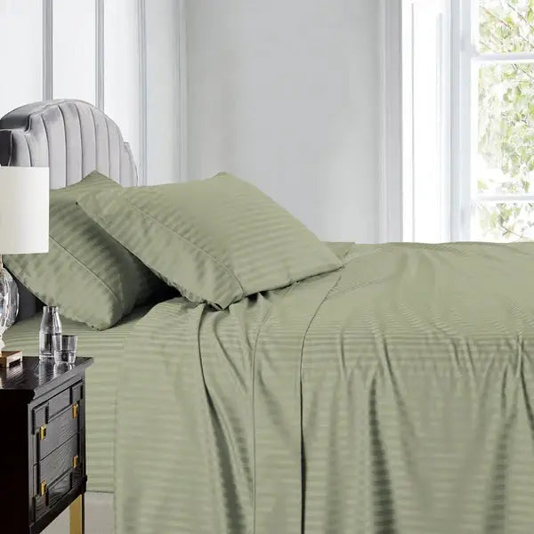 Egyptian Linens Split Top King Sheets 600TC 100% Cotton Damaske Stripe- Fitted Sheet With Wings - Quahog Bay Bedding