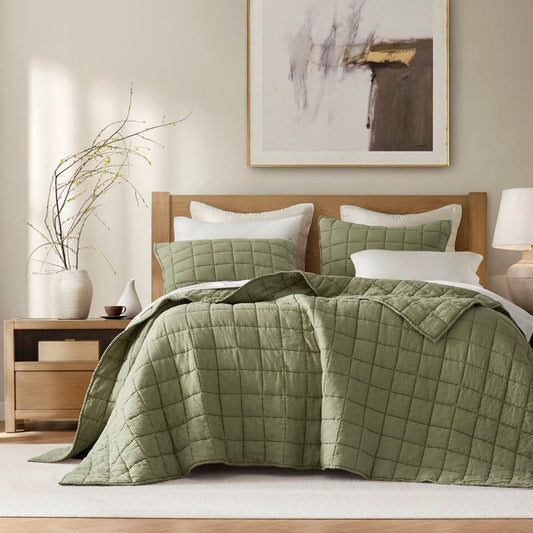 Harbor House Luxury French Flax Linen Garment Washed Quilt Set - Olive Green