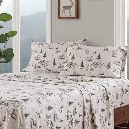Woolrich 100% Cotton Printed Flannel Sheet Set - Green Deer Toile