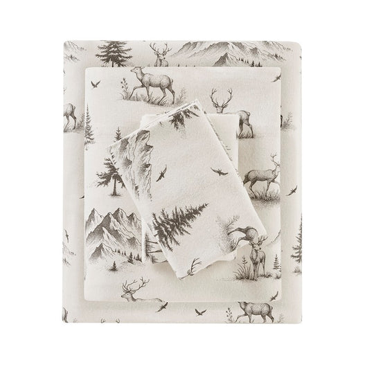 Woolrich 100% Cotton Printed Flannel Sheet Set - Green Deer Toile