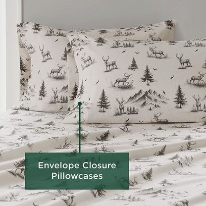Woolrich 100% Cotton Printed Flannel Sheet Set - Green Deer Toile