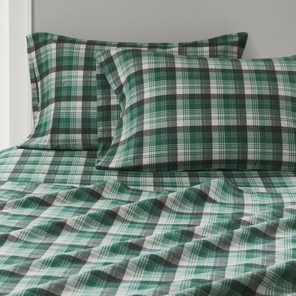 Woolrich 100% Cotton Printed Flannel Sheet Set - Green Plaid