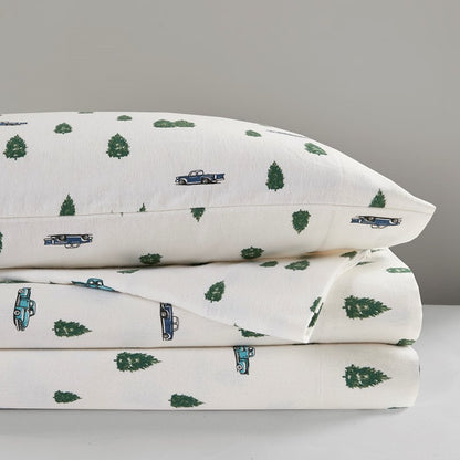Woolrich 100% Cotton Printed Flannel Sheet Set - Green Trees And Trucks