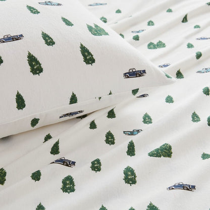 Woolrich 100% Cotton Printed Flannel Sheet Set - Green Trees And Trucks