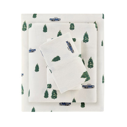 Woolrich 100% Cotton Printed Flannel Sheet Set - Green Trees And Trucks