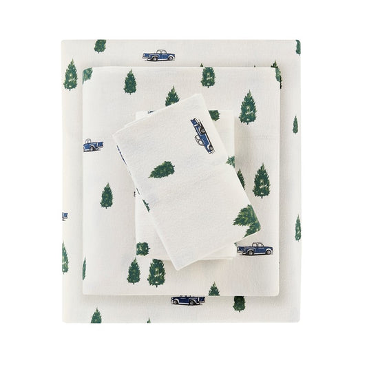 Woolrich 100% Cotton Printed Flannel Sheet Set - Green Trees And Trucks