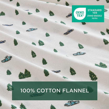 Woolrich 100% Cotton Printed Flannel Sheet Set - Green Trees And Trucks