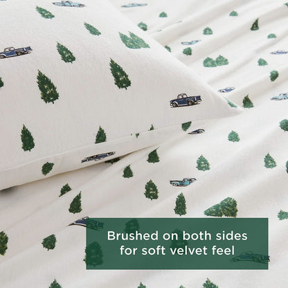 Woolrich 100% Cotton Printed Flannel Sheet Set - Green Trees And Trucks
