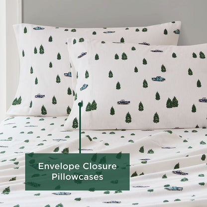 Woolrich 100% Cotton Printed Flannel Sheet Set - Green Trees And Trucks