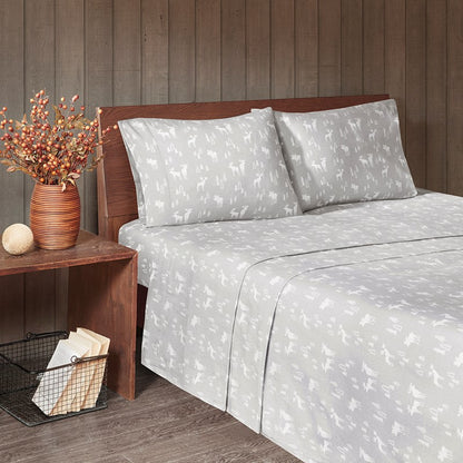 Woolrich 100% Cotton Printed Flannel Sheet Set - Grey Moose