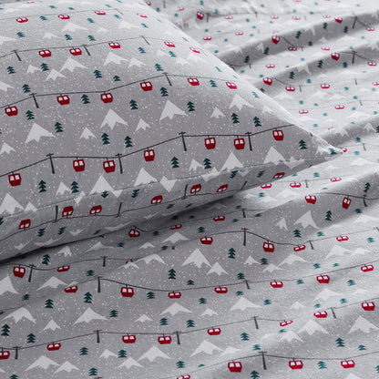 Woolrich 100% Cotton Printed Flannel Sheet Set - Grey Ski Jump