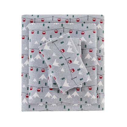 Woolrich 100% Cotton Printed Flannel Sheet Set - Grey Ski Jump