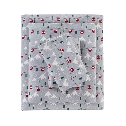Woolrich 100% Cotton Printed Flannel Sheet Set - Grey Ski Jump