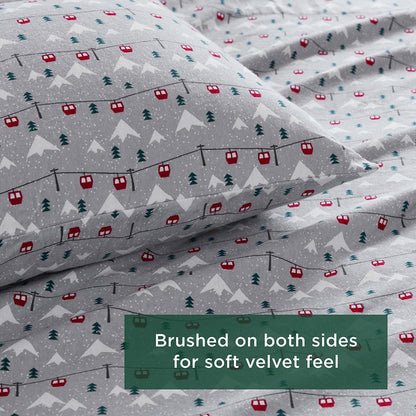 Woolrich 100% Cotton Printed Flannel Sheet Set - Grey Ski Jump