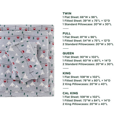 Woolrich 100% Cotton Printed Flannel Sheet Set - Grey Ski Jump
