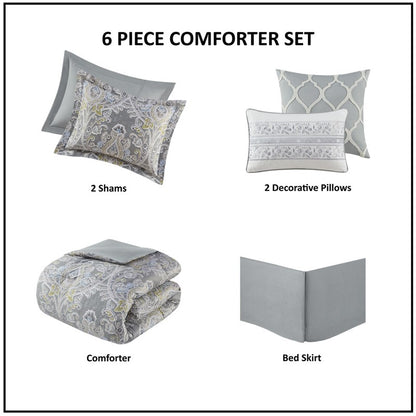 Hallie 6-Piece Cotton Damask Comforter Set | Grey