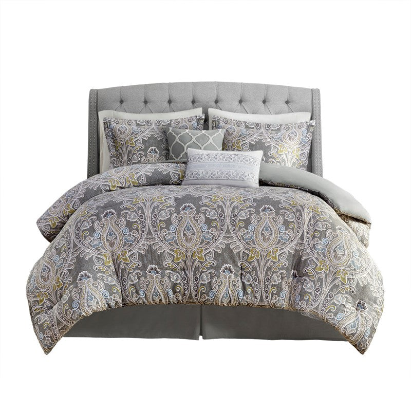 Hallie 6-Piece Cotton Damask Comforter Set | Grey