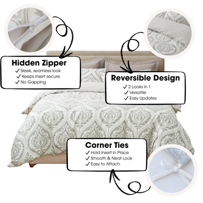 Dreamy Moon Sky Ogee Damask Heather Gray White Duvet Cover Set