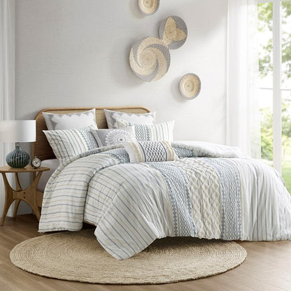 Imani Cotton Printed Duvet Cover Set with Chenille Navy & White Hues