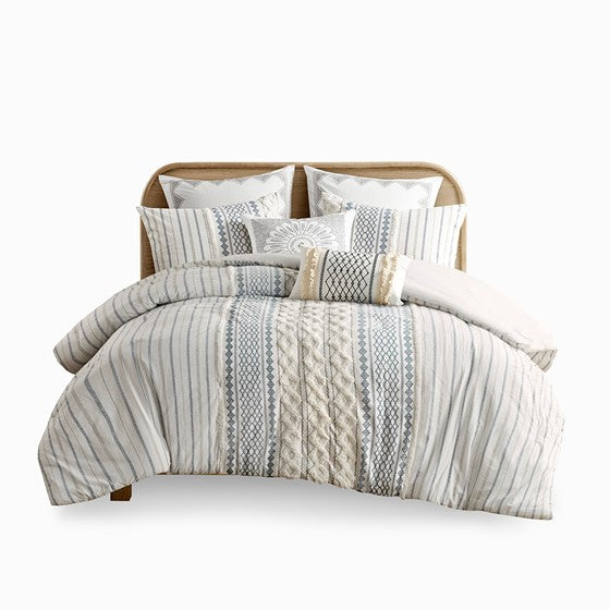 Imani Cotton Printed Duvet Cover Set with Chenille Navy & White Hues