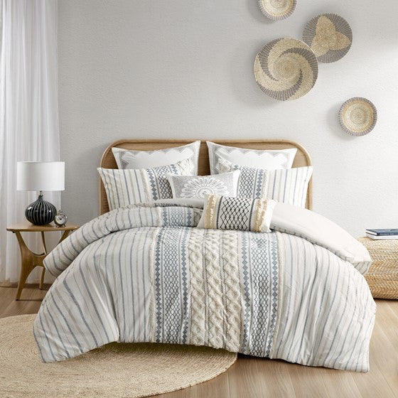 Imani Cotton Printed Comforter Set with Chenille Navy & White Hues