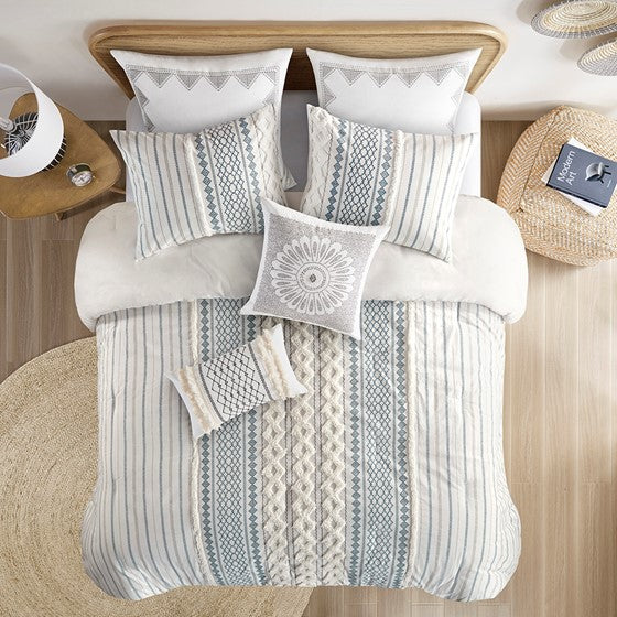 Imani Cotton Printed Duvet Cover Set with Chenille Navy & White Hues